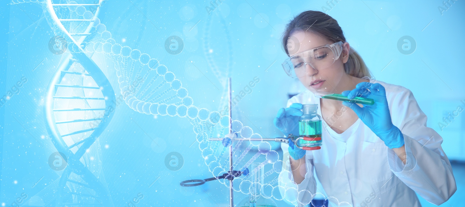 Image of Scientist working in laboratory and illustrations of DNA, double exposure. Research in genetics. banner design