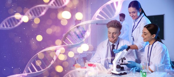 Image of Scientists working in laboratory and illustrations of DNA, double exposure. Research in genetics. banner design