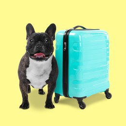 Image of Cute French Bulldog and turquoise suitcase on yellow background