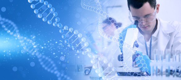 Image of Scientist working with microscope in laboratory and illustrations of DNA, double exposure. Research in genetics. banner design