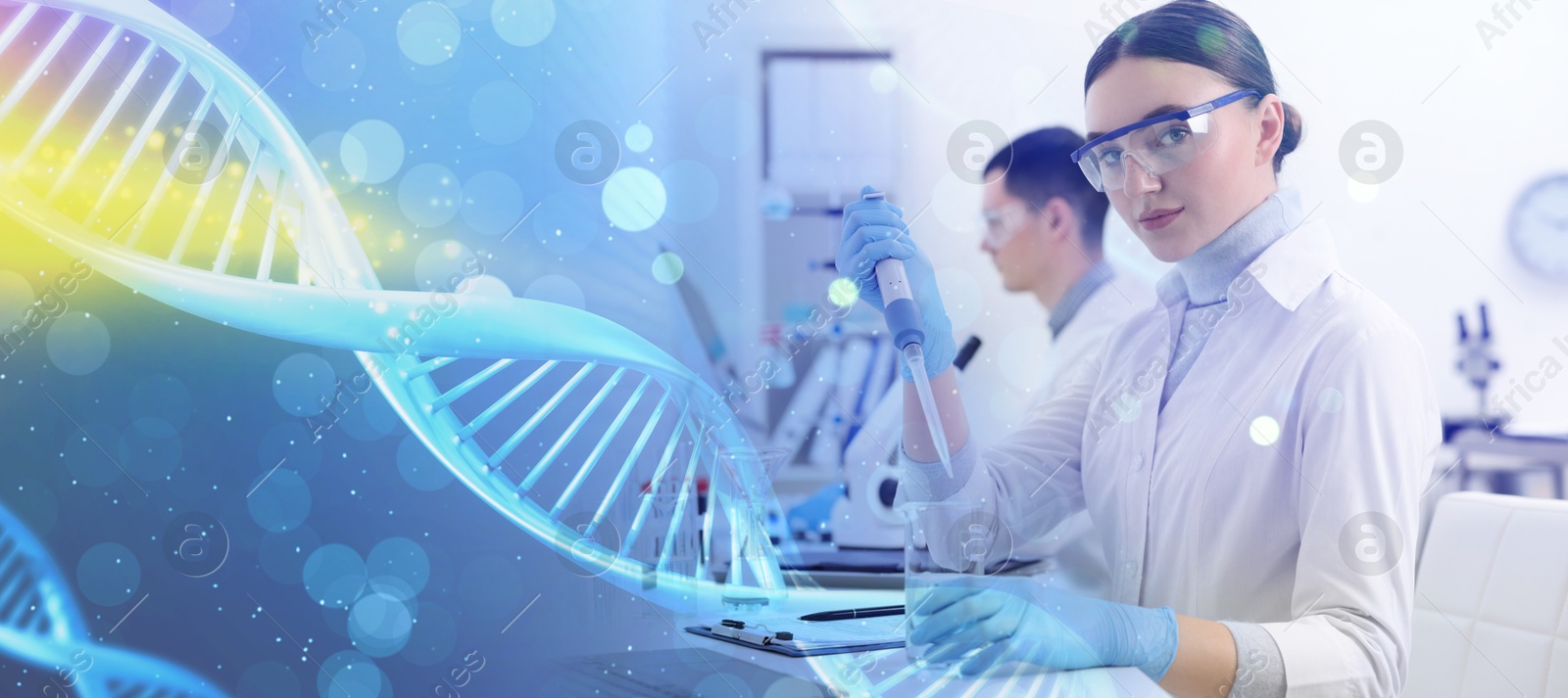 Image of Scientists working in laboratory and illustrations of DNA, double exposure. Research in genetics. banner design