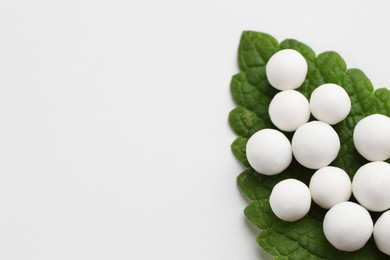 Photo of Homeopathic remedy. Many round pills and green leaf on white background, top view. Space for text