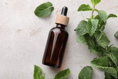 Photo of Bottle of essential oil and mint on light textured table, flat lay