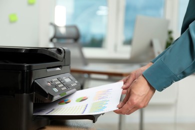 Photo of Woman using modern printer at workplace indoors, closeup