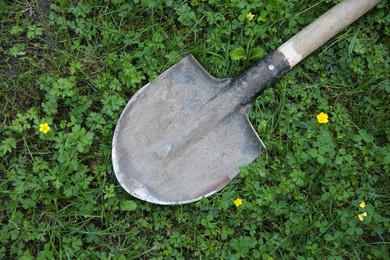 One rusty shovel on green grass, top view. Gardening season