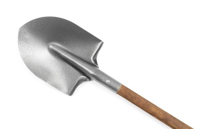 Photo of Metal shovel with wooden handle isolated on white, top view