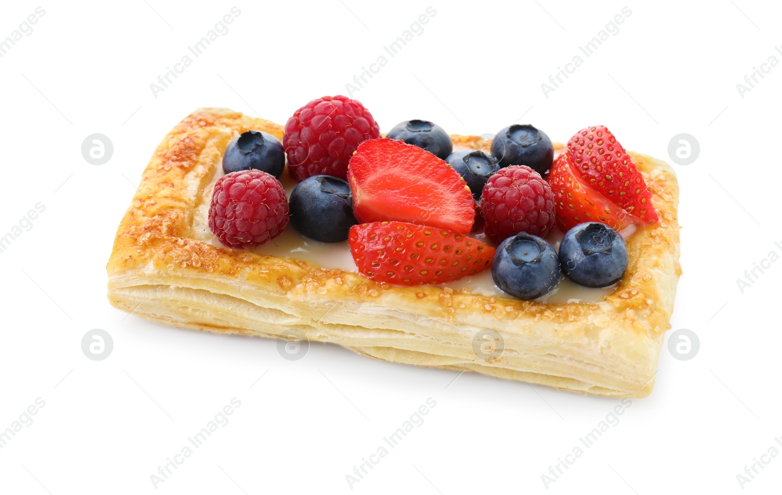 Photo of Tasty puff pastry with berries isolated on white