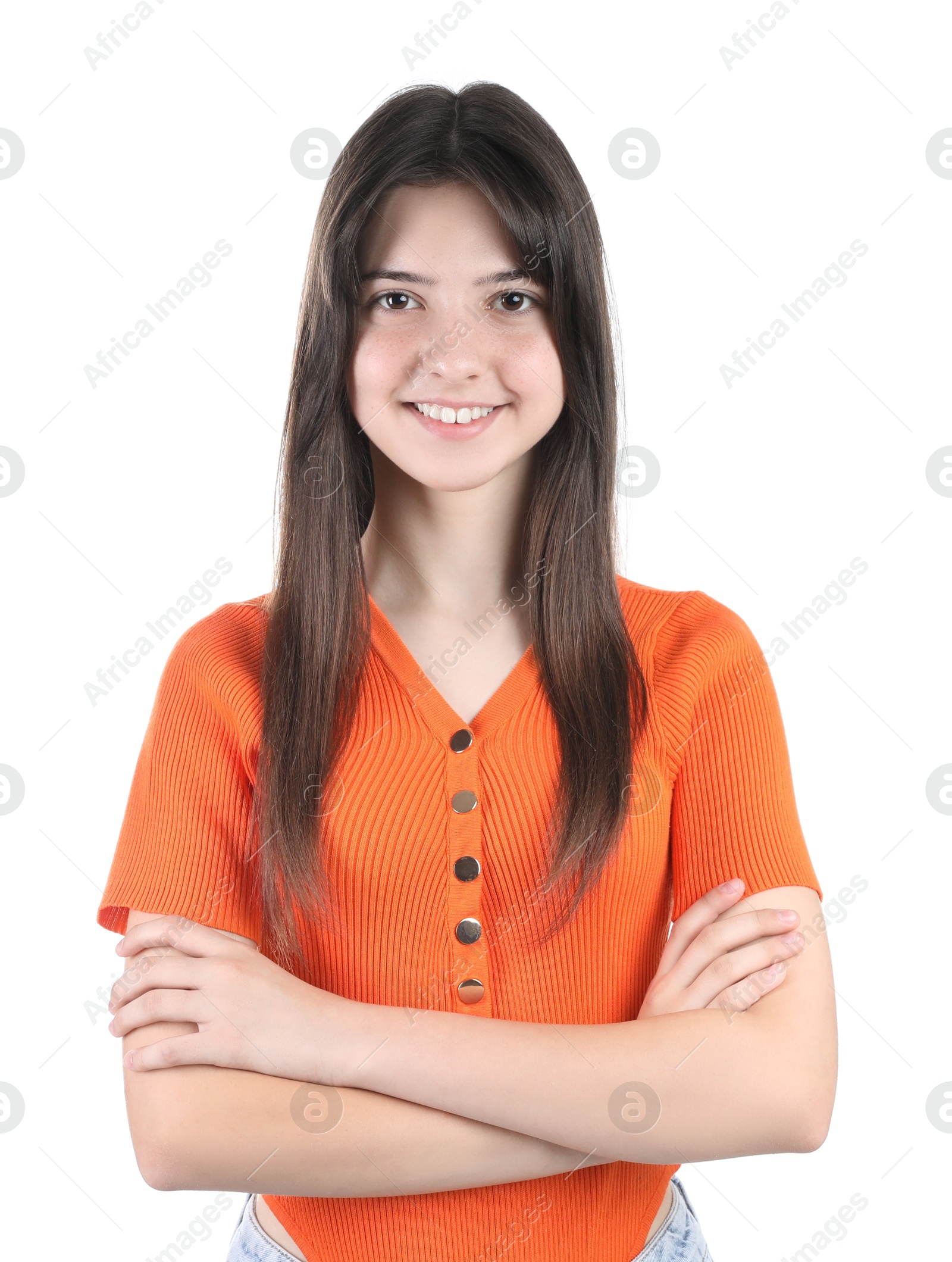 Photo of Portrait of smiling teenage girl on white background