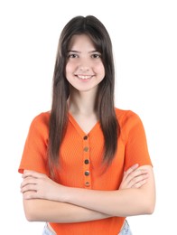 Portrait of smiling teenage girl on white background