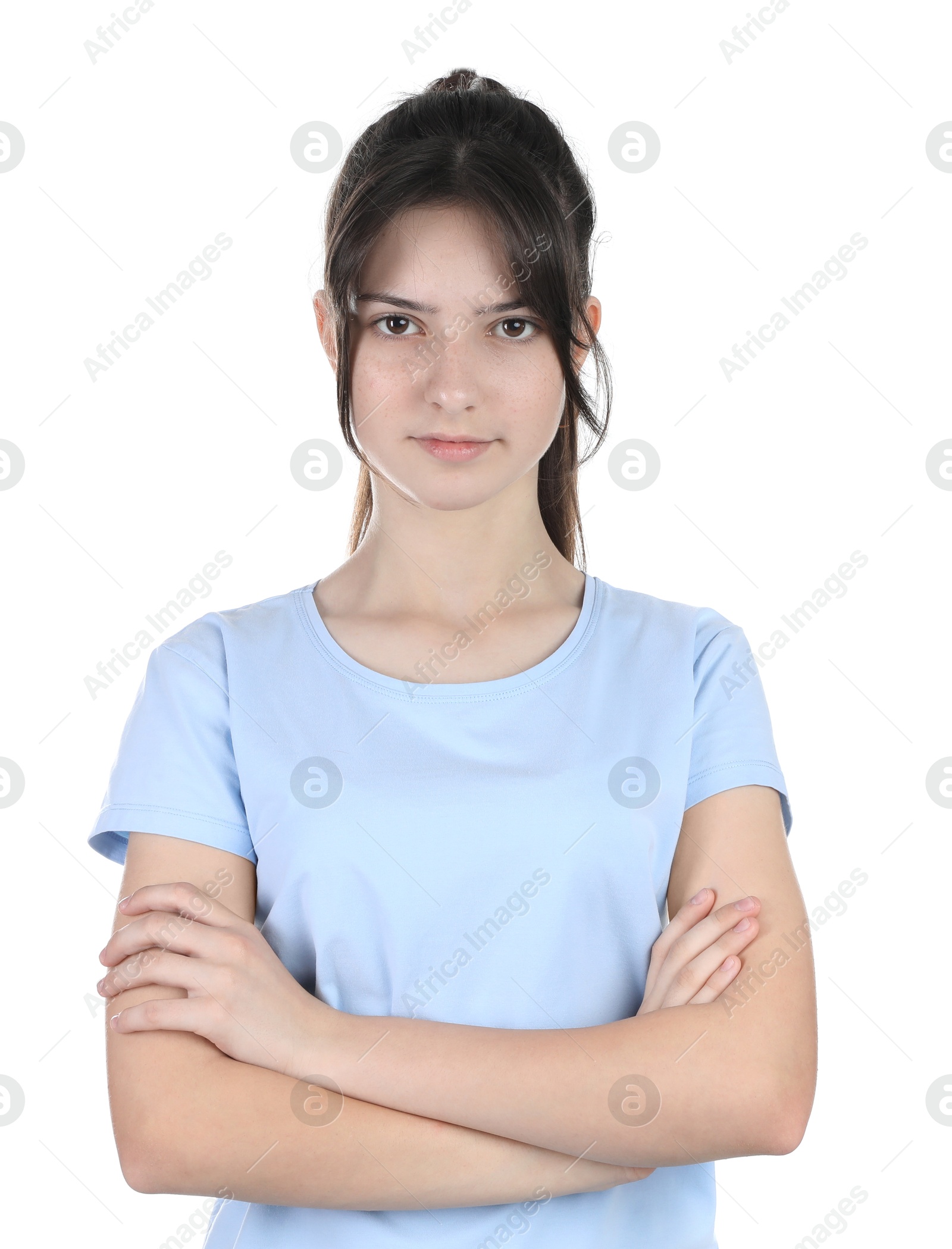 Photo of Portrait of cute teenage girl on white background