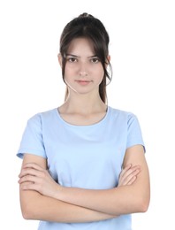 Portrait of cute teenage girl on white background