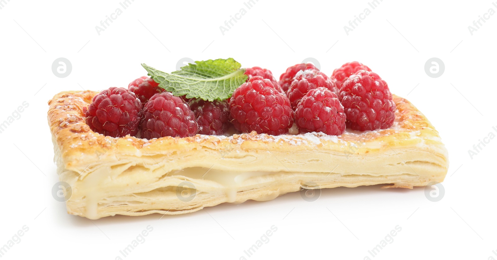 Photo of Tasty puff pastry with raspberries and mint isolated on white