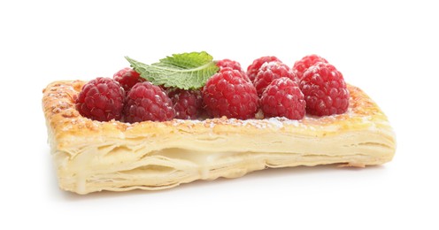 Tasty puff pastry with raspberries and mint isolated on white