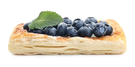 Photo of Tasty puff pastry with blueberries and mint isolated on white