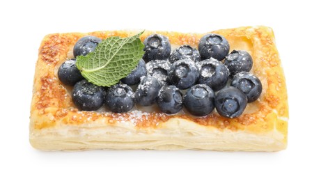 Photo of Tasty puff pastry with blueberries and mint isolated on white