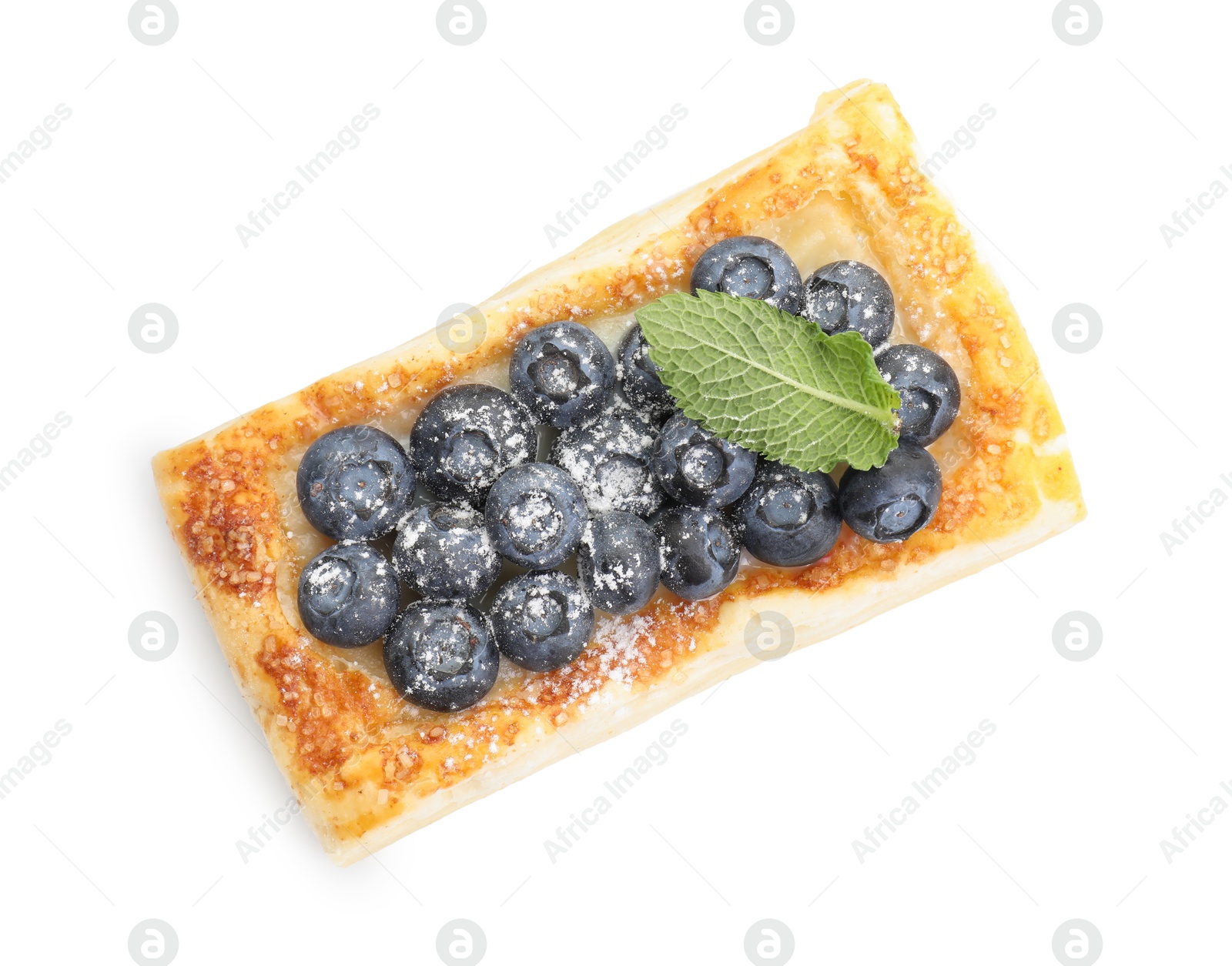 Photo of Tasty puff pastry with blueberries and mint isolated on white, top view