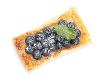 Tasty puff pastry with blueberries and mint isolated on white, top view