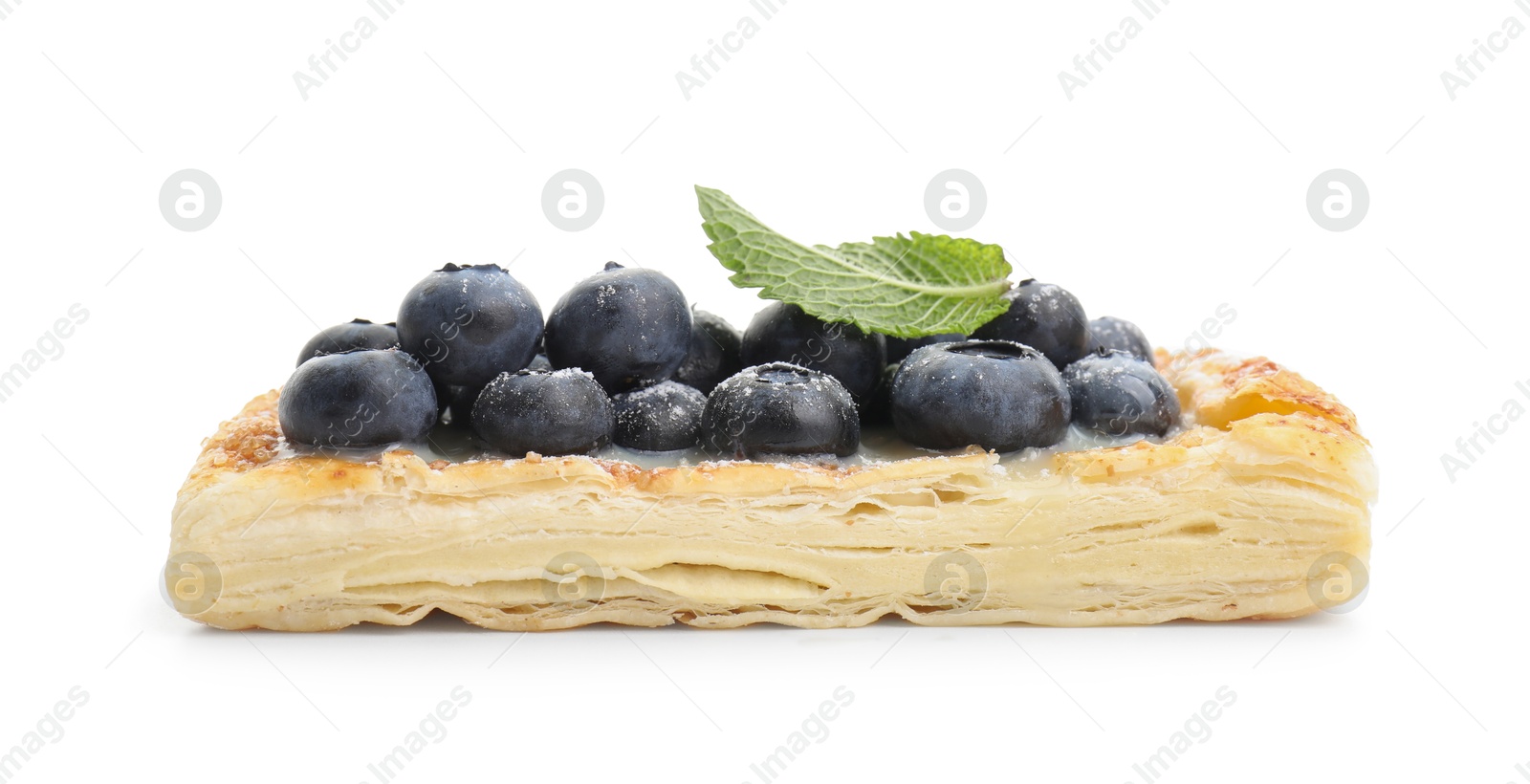 Photo of Tasty puff pastry with blueberries and mint isolated on white