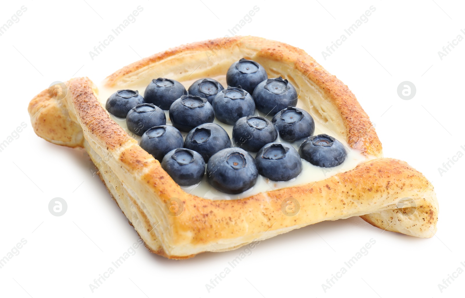 Photo of Tasty puff pastry with blueberries isolated on white