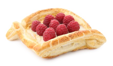 Photo of Tasty puff pastry with raspberries isolated on white