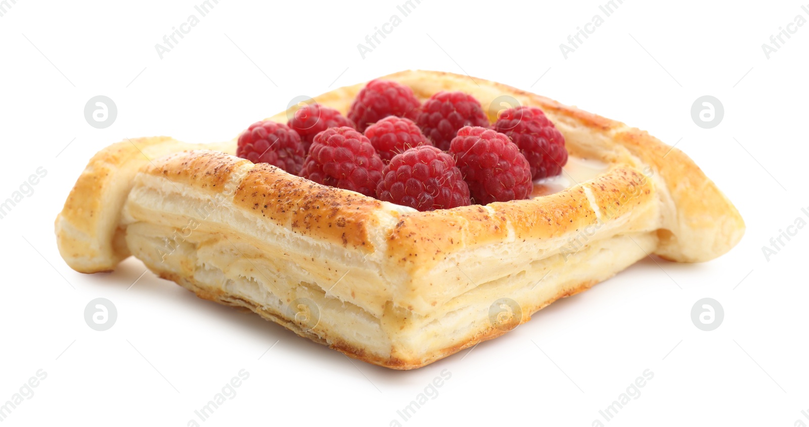 Photo of Tasty puff pastry with raspberries isolated on white