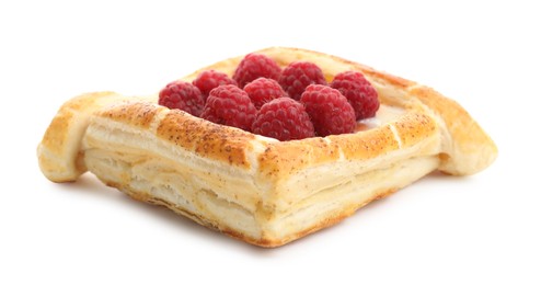 Tasty puff pastry with raspberries isolated on white