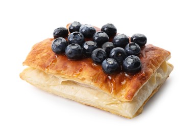 Photo of Tasty puff pastry with blueberries isolated on white