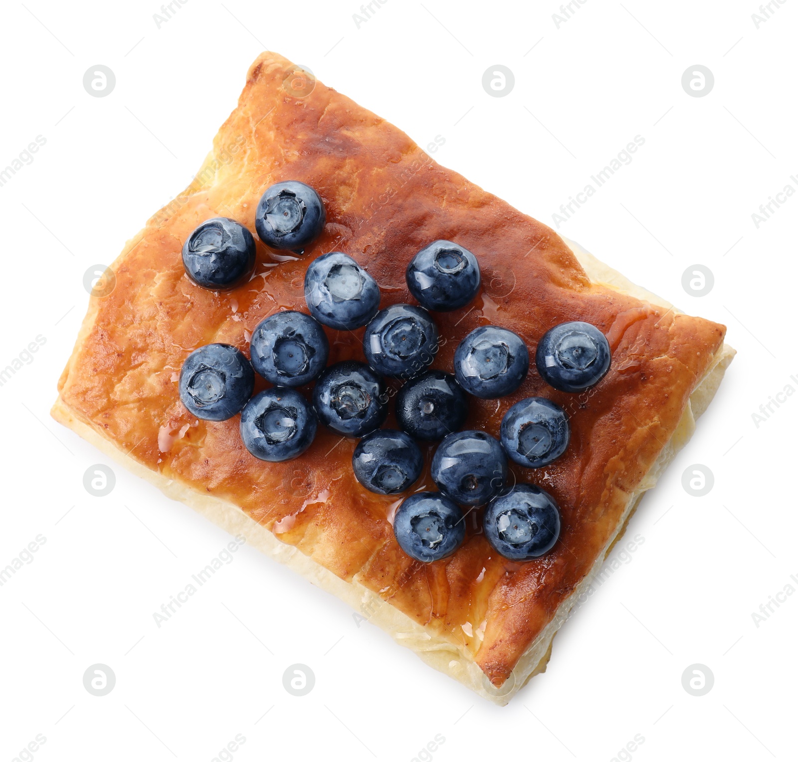 Photo of Tasty puff pastry with blueberries isolated on white, top view