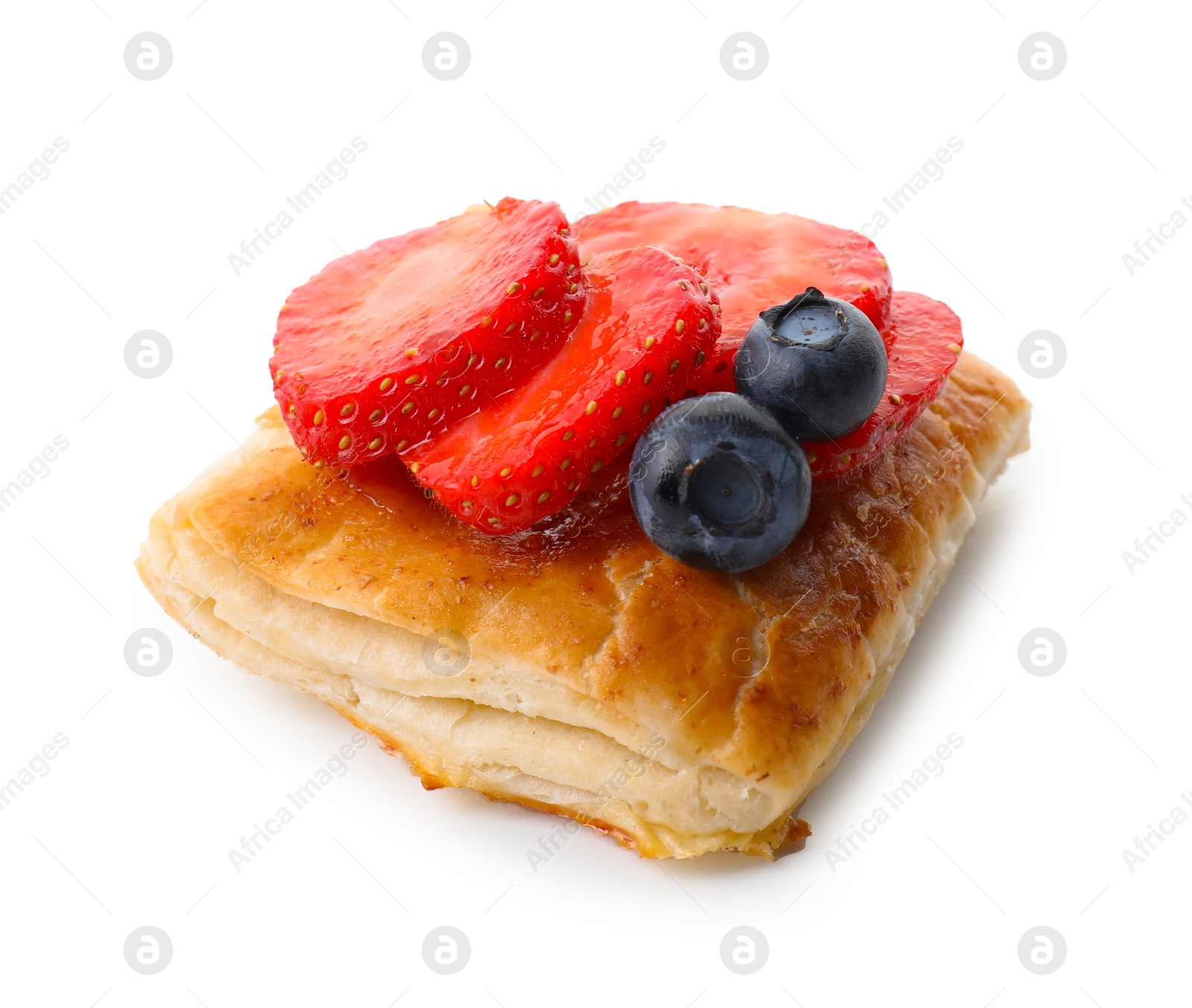 Photo of Tasty puff pastry with berries isolated on white