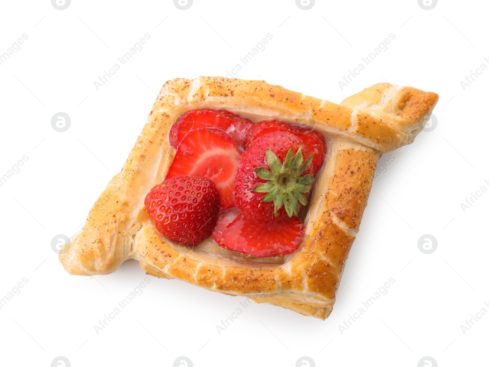 Photo of Tasty puff pastry with strawberries isolated on white, top view