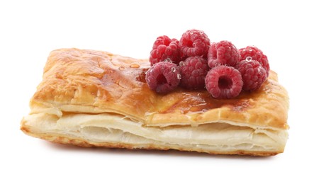 Photo of Tasty puff pastry with raspberries isolated on white