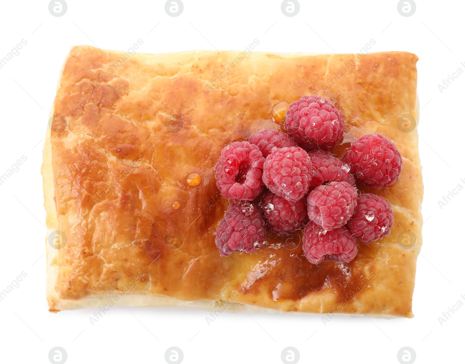 Photo of Tasty puff pastry with raspberries isolated on white, top view