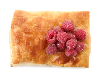 Photo of Tasty puff pastry with raspberries isolated on white, top view