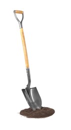 Photo of Metal shovel with wooden handle and pile of soil isolated on white