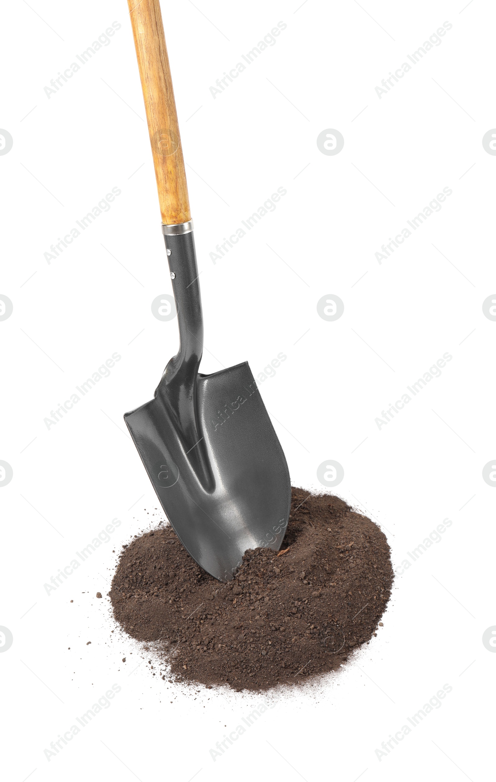 Photo of Metal shovel with wooden handle and pile of soil isolated on white