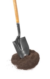 Photo of Metal shovel with wooden handle and pile of soil isolated on white