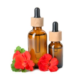 Photo of Bottles of geranium essential oil and beautiful flowers isolated on white