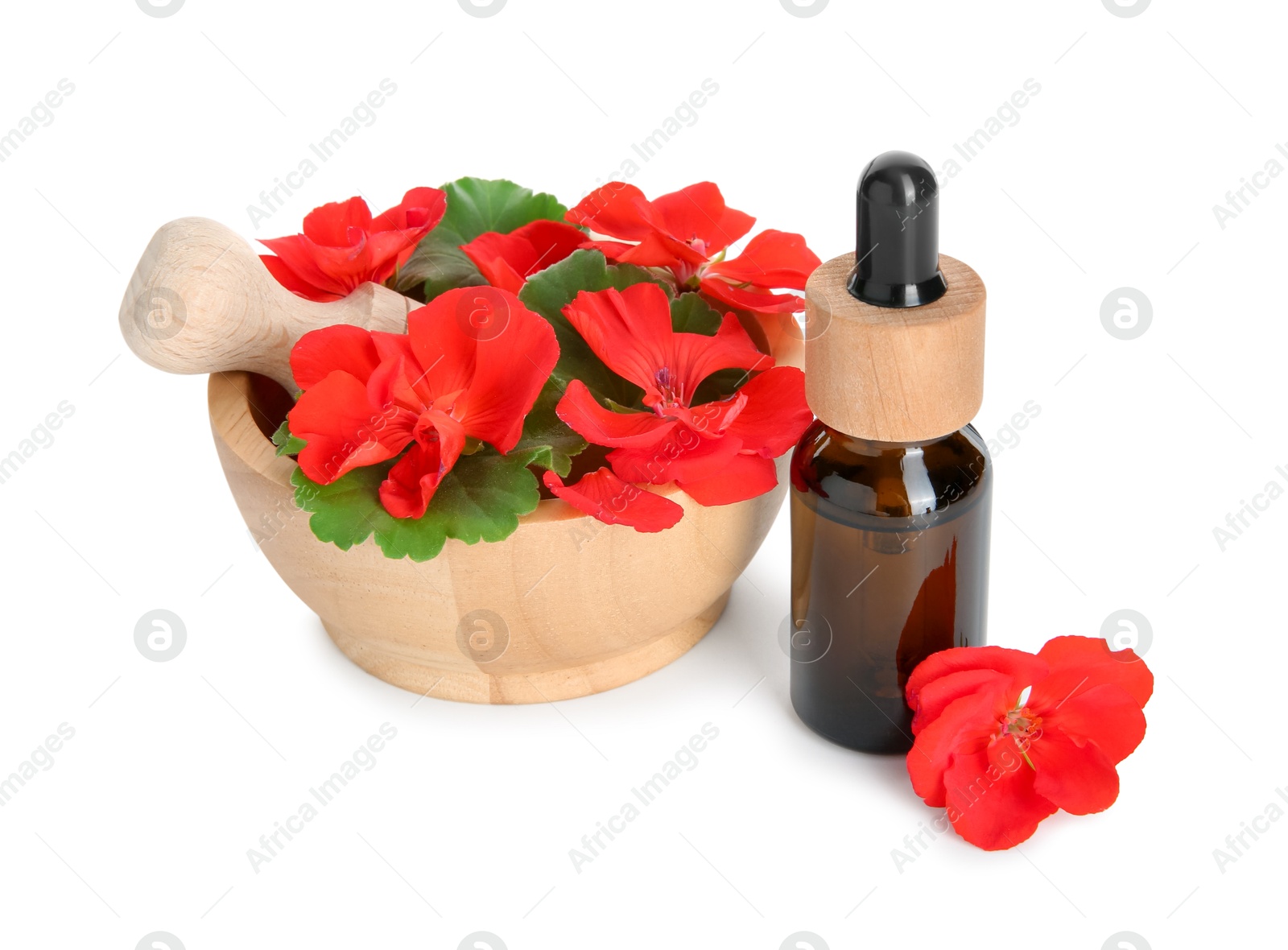 Photo of Bottle of geranium essential oil, mortar and pestle with beautiful flowers isolated on white