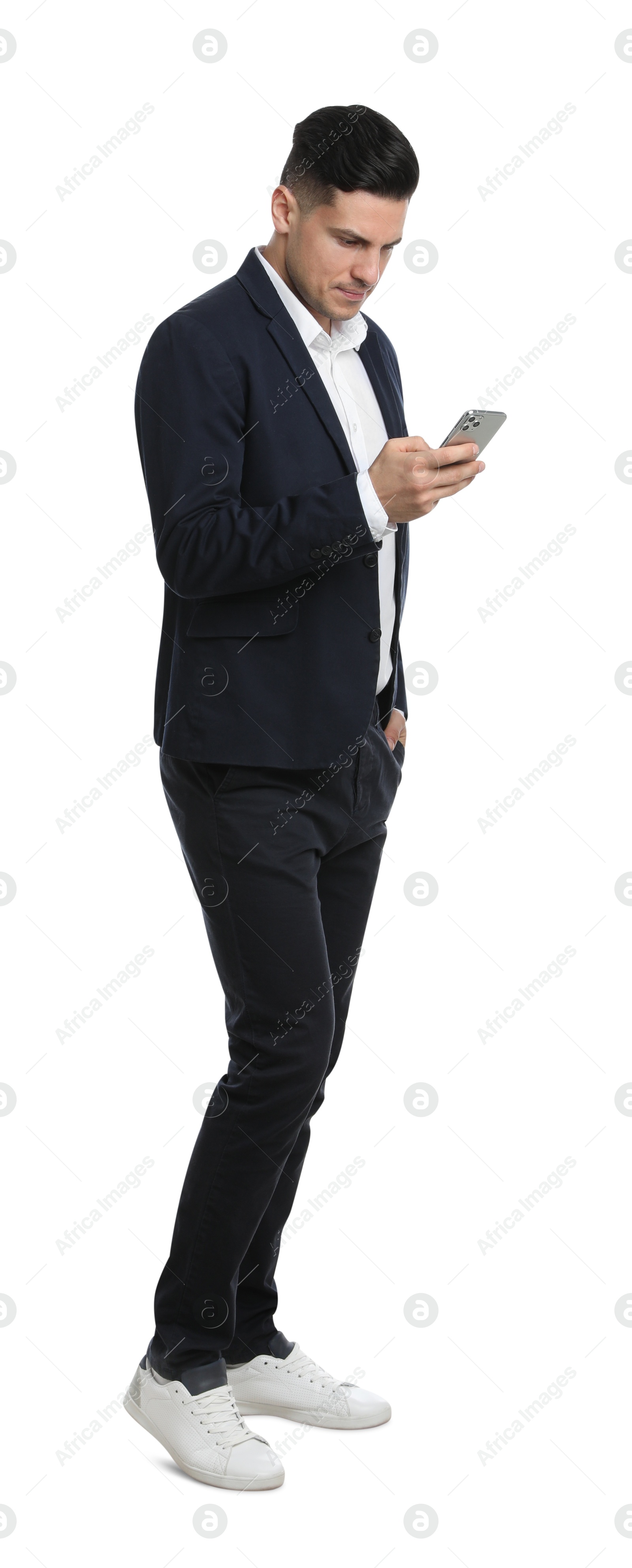 Photo of Businessman in suit with smartphone on white background