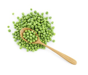 Photo of Fresh green peas in spoon isolated on white, top view