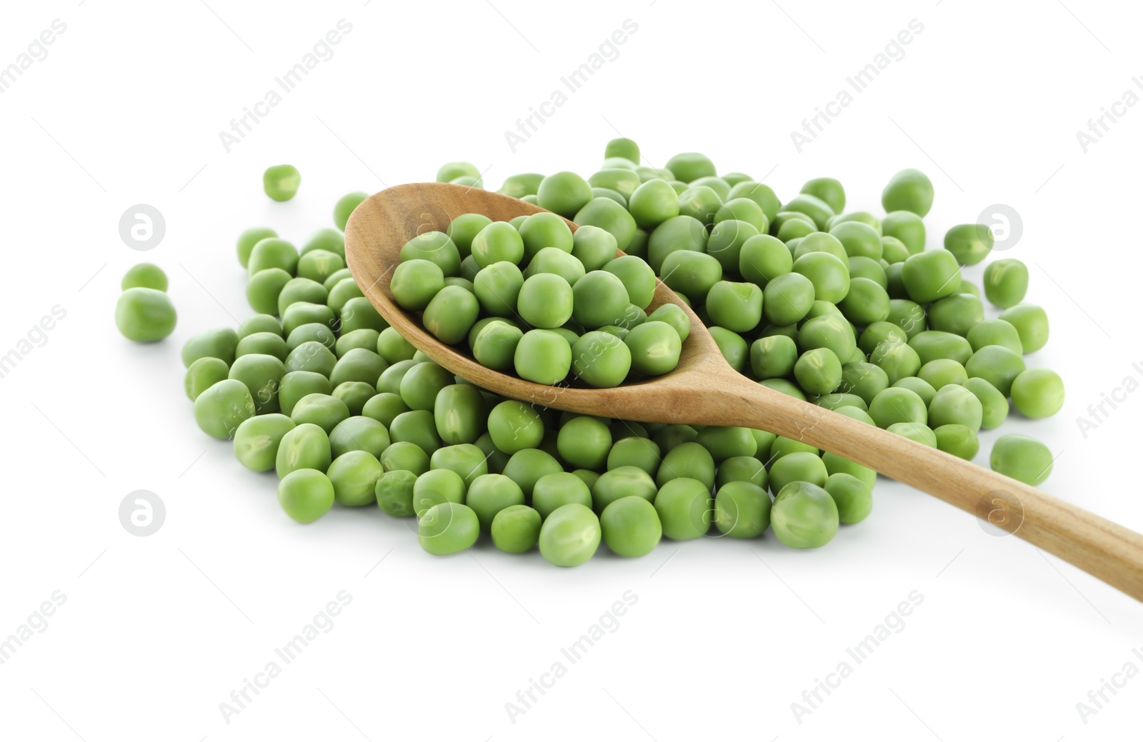 Photo of Fresh green peas in spoon isolated on white