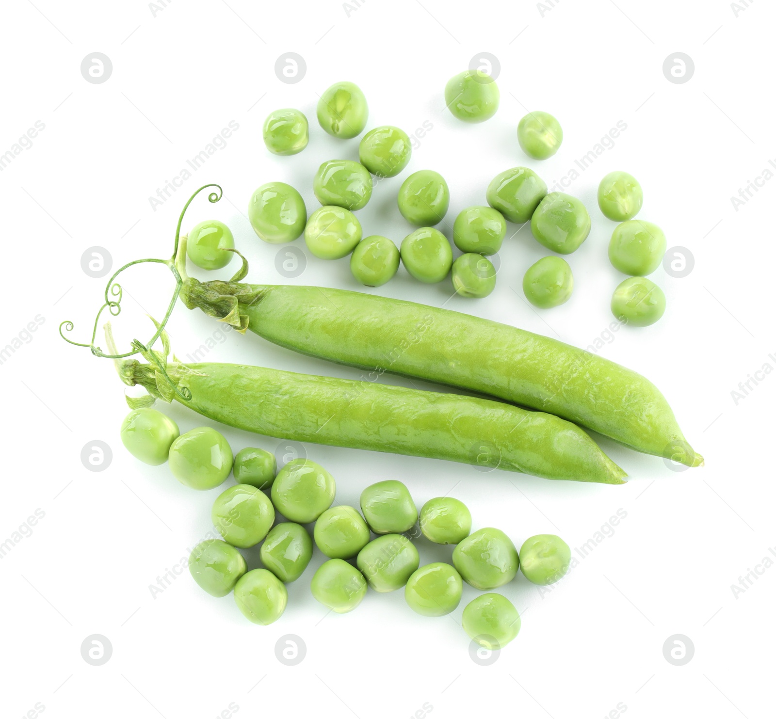 Photo of Green fresh peas and pods isolated on white, top view