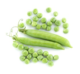 Green fresh peas and pods isolated on white, top view