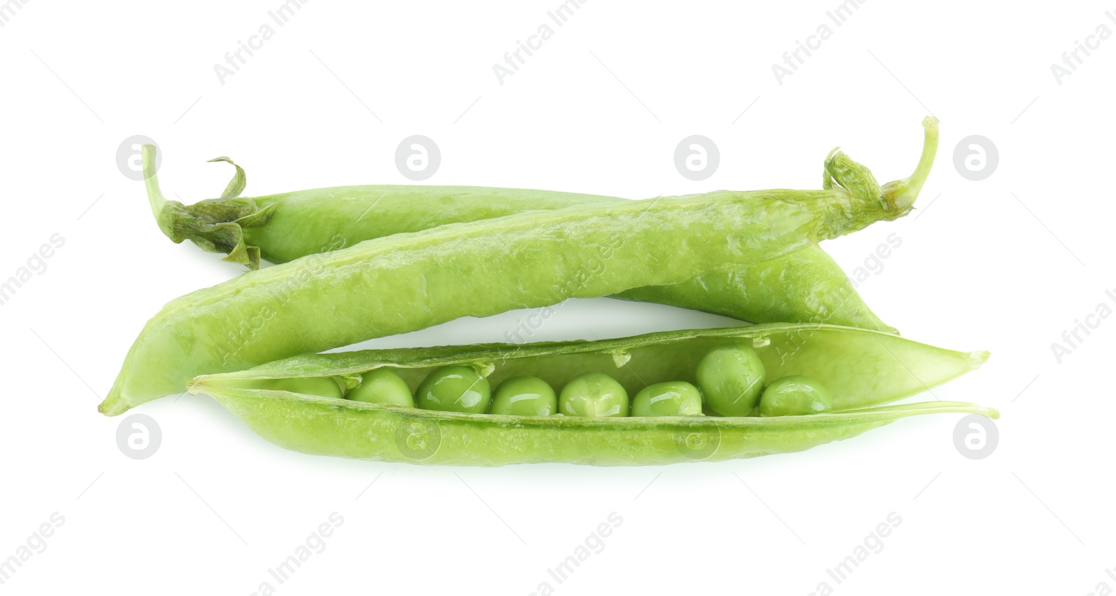 Photo of Green fresh peas and pods isolated on white, top view