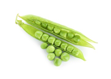 Photo of Green fresh peas and pods isolated on white, top view