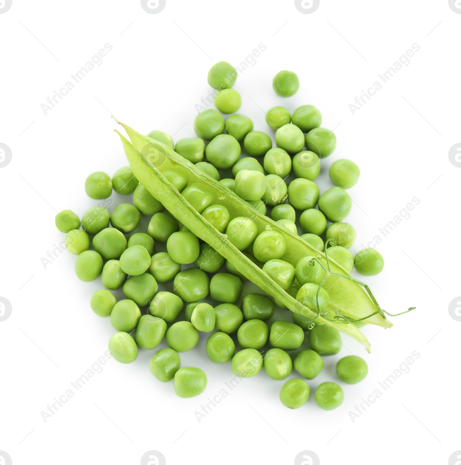 Photo of Green fresh peas and pod isolated on white, top view