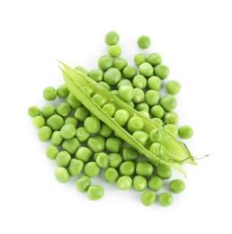 Photo of Green fresh peas and pod isolated on white, top view