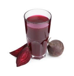 Photo of Fresh beet juice in glass and ripe vegetables isolated on white