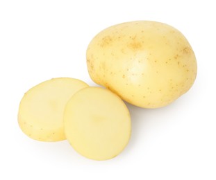 Photo of Fresh whole and cut potatoes isolated on white