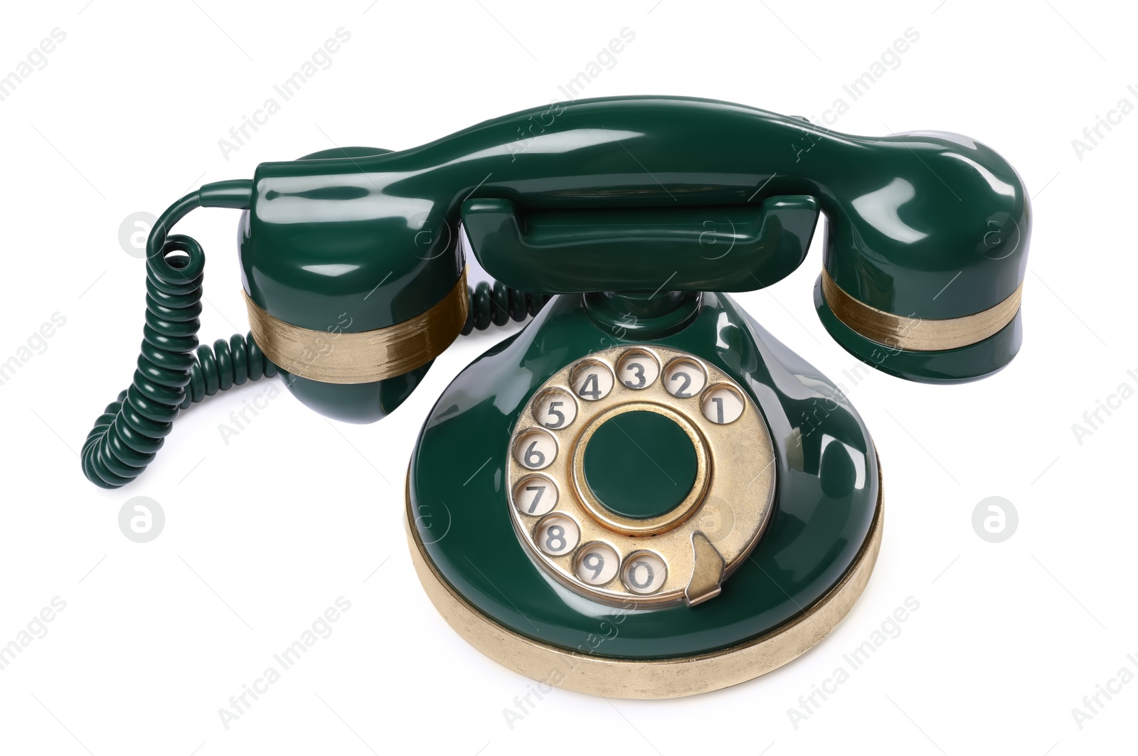 Photo of Green vintage corded telephone isolated on white